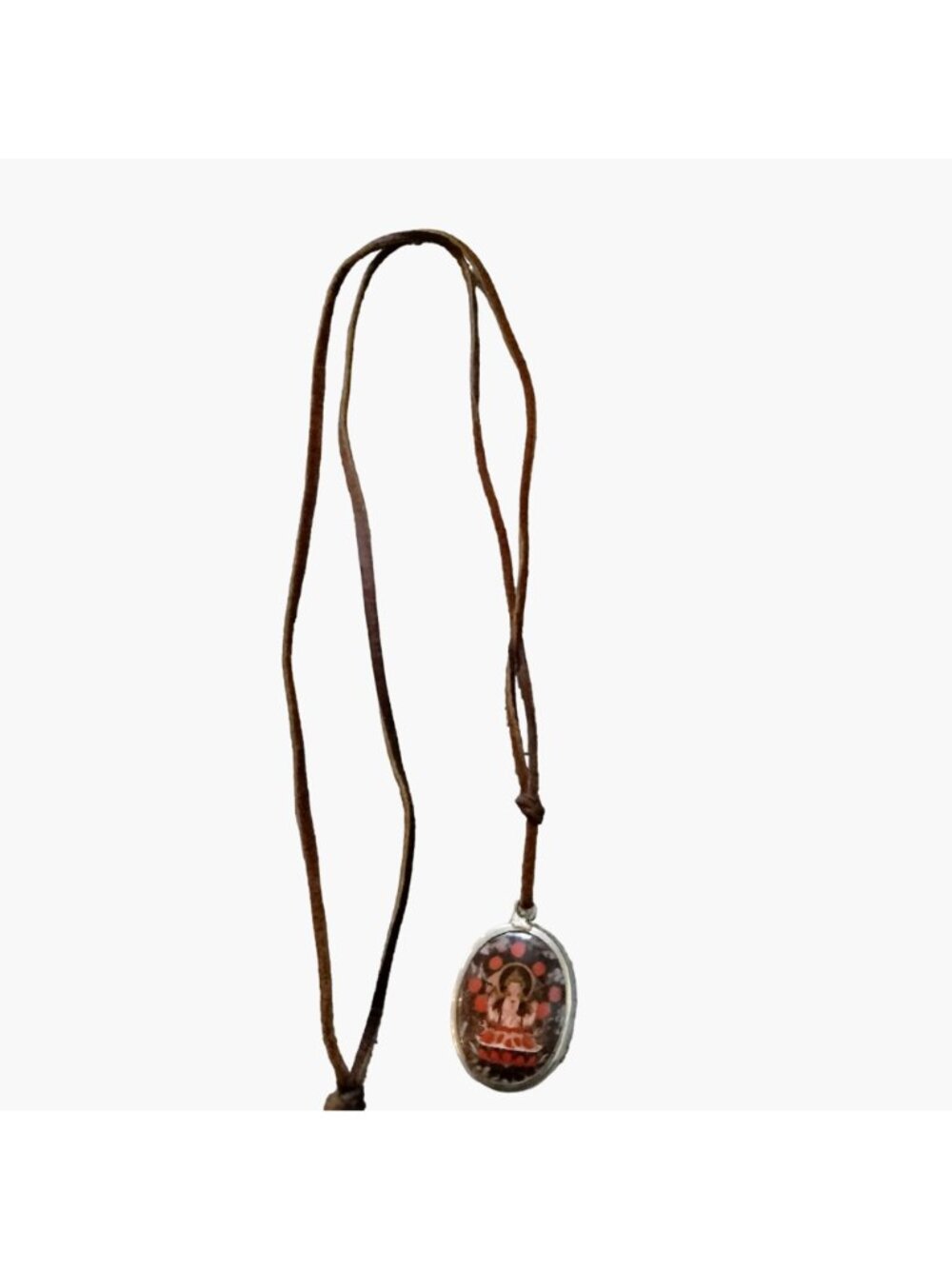 Buddhist Amulet Necklace Brown Leather Cord Silver Tone Pendant Spiritual VTG - Picture 3 of 5